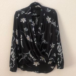 Ann Taylor Factory Black Floral Cross Front Long Sleeve Blouse Size S